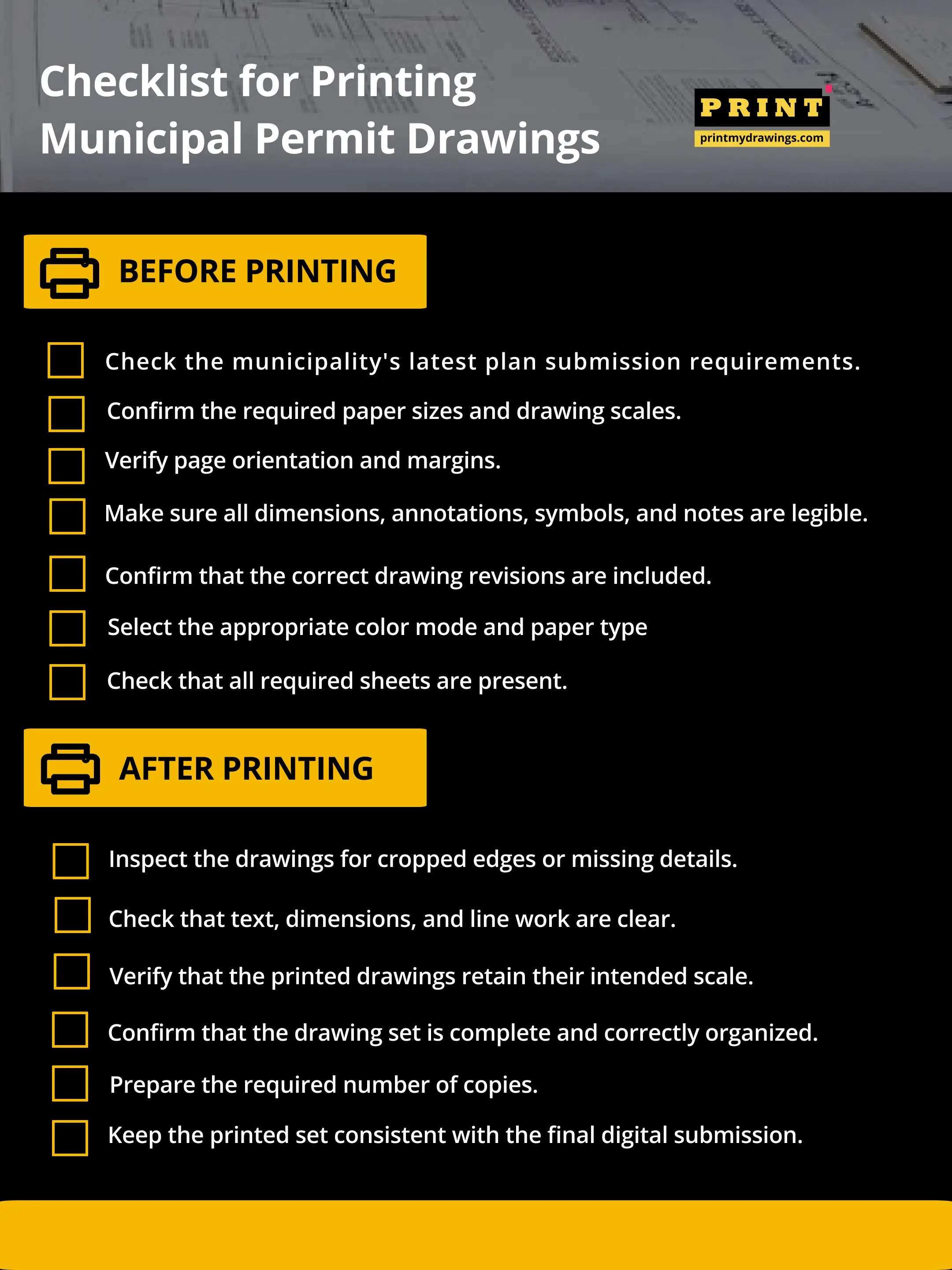 PrintMyDrawings municipal permit drawing printing services with a comprehensive checklist to ensure high-quality results and compliance.